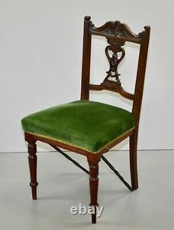 Eight Edwardian Carved Walnut Dining Chairs, Green Upholstered