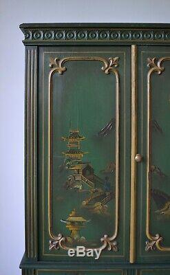 Elegant Chinoiserie Chinese Oriental Green Gilt Bureau Desk Bookcase Cabinet