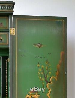 Elegant Chinoiserie Chinese Oriental Green Gilt Bureau Desk Bookcase Cabinet