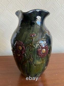 Elton Ware c1900 Art Pottery Handled Jug Vase Drip Glaze Flower Design