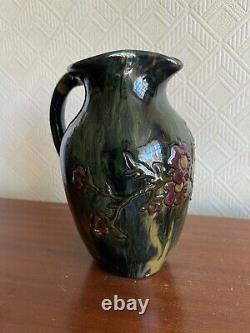 Elton Ware c1900 Art Pottery Handled Jug Vase Drip Glaze Flower Design