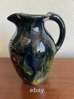 Elton Ware c1900 Art Pottery Handled Jug Vase Drip Glaze Flower Design