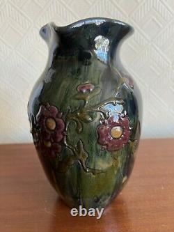 Elton Ware c1900 Art Pottery Handled Jug Vase Drip Glaze Flower Design