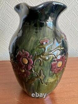 Elton Ware c1900 Art Pottery Handled Jug Vase Drip Glaze Flower Design