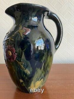 Elton Ware c1900 Art Pottery Handled Jug Vase Drip Glaze Flower Design