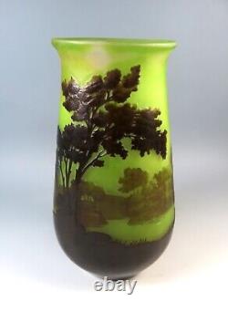 Emile Galle Cameo Glass Landscape Vase Aubergene Over Green 9.5 Inches