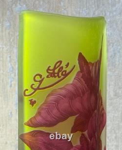 Émile Gallé Cameo Glass Vase c. 1900 Art Nouveau Red Leaves on Green 9 Tall