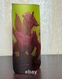 Émile Gallé Cameo Glass Vase c. 1900 Art Nouveau Red Leaves on Green 9 Tall