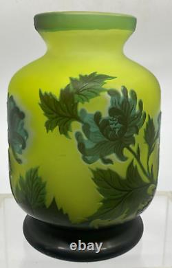 Emile Galle Style TIP Green Cameo Glass Vase With Peony Design Floral Art Nouveau