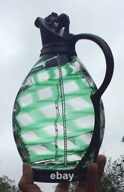 English Czech Art Glass Green Swirl Art Nouveau Signed Silver Plate Pitcher