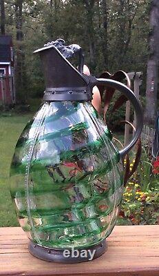 English Czech Art Glass Green Swirl Art Nouveau Signed Silver Plate Pitcher