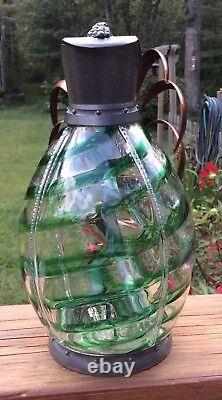 English Czech Art Glass Green Swirl Art Nouveau Signed Silver Plate Pitcher