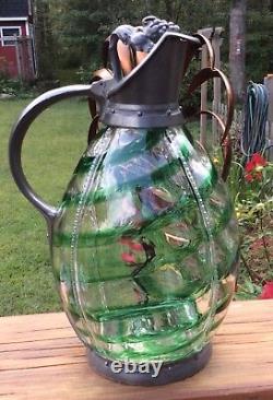 English Czech Art Glass Green Swirl Art Nouveau Signed Silver Plate Pitcher