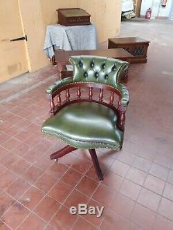 English Green Leather Chesterfield Captains/bankers/office/mahogany Desk Chair