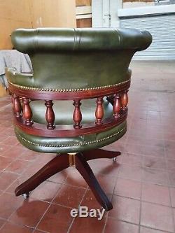 English Green Leather Chesterfield Captains/bankers/office/mahogany Desk Chair