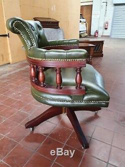English Green Leather Chesterfield Captains/bankers/office/mahogany Desk Chair
