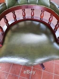 English Green Leather Chesterfield Captains/bankers/office/mahogany Desk Chair