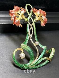 Estate 18K Art Nouveau Diamond Pearl Green Enamel Large Flower Brooch Pendant