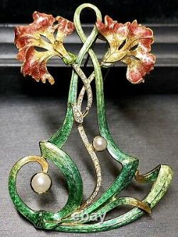 Estate 18K Art Nouveau Diamond Pearl Green Enamel Large Flower Brooch Pendant