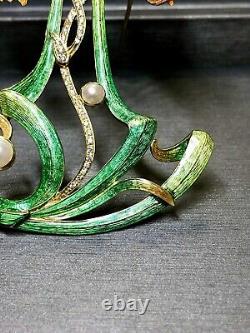 Estate 18K Art Nouveau Diamond Pearl Green Enamel Large Flower Brooch Pendant