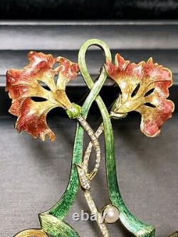 Estate 18K Art Nouveau Diamond Pearl Green Enamel Large Flower Brooch Pendant
