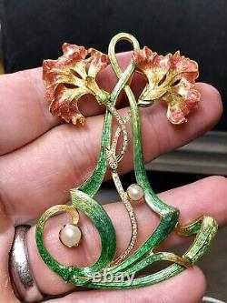 Estate 18K Art Nouveau Diamond Pearl Green Enamel Large Flower Brooch Pendant