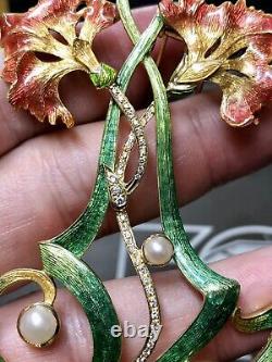 Estate 18K Art Nouveau Diamond Pearl Green Enamel Large Flower Brooch Pendant