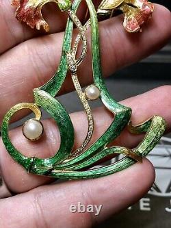 Estate 18K Art Nouveau Diamond Pearl Green Enamel Large Flower Brooch Pendant