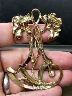 Estate 18K Art Nouveau Diamond Pearl Green Enamel Large Flower Brooch Pendant