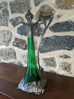 Excellent Iconic Art Nouveau WMF Pewter & Emerald Green Glass Decanter Ca 1900