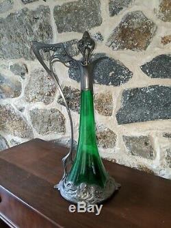 Excellent Iconic Art Nouveau WMF Pewter & Emerald Green Glass Decanter Ca 1900