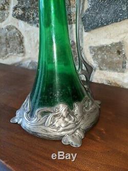 Excellent Iconic Art Nouveau WMF Pewter & Emerald Green Glass Decanter Ca 1900