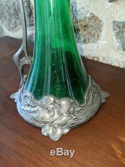 Excellent Iconic Art Nouveau WMF Pewter & Emerald Green Glass Decanter Ca 1900