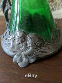 Excellent Iconic Art Nouveau WMF Pewter & Emerald Green Glass Decanter Ca 1900