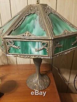 Exquisite Antique Emerald Slag Glass 6 Panel Nouveau Table Lamp EUC