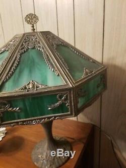 Exquisite Antique Emerald Slag Glass 6 Panel Nouveau Table Lamp EUC