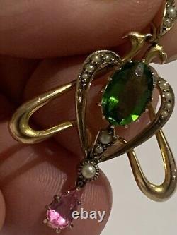 Exquisite Art Nouveau 9ct Gold Green & Pink Tourmaline Set Pendant Circa 1895