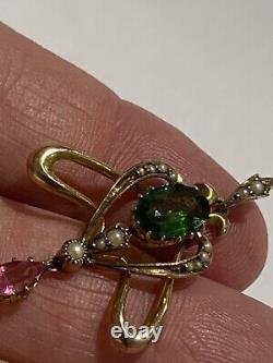 Exquisite Art Nouveau 9ct Gold Green & Pink Tourmaline Set Pendant Circa 1895