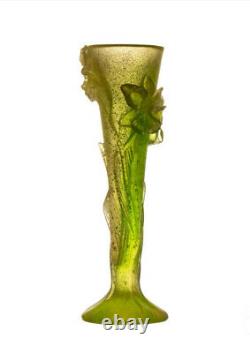 Exquisitely Detailed + Magnificent Daum Pate De Verre Yellow Green Orchid Vase