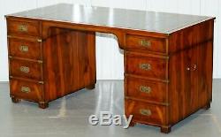Extra Leg Room Gorgeous Yew Wood With Green Leather Top Military Campaign Desk