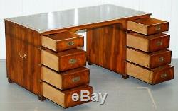 Extra Leg Room Gorgeous Yew Wood With Green Leather Top Military Campaign Desk