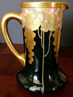 FRENCH J Pouyat Hand Decorated Dark Green, Pink, Whites & Gold Pitcher 1890's