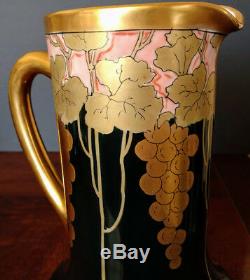 FRENCH J Pouyat Hand Decorated Dark Green, Pink, Whites & Gold Pitcher 1890's