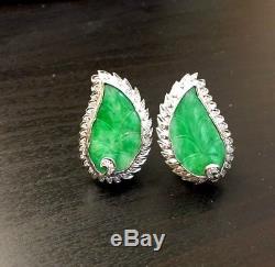 Fabulous! Art Deco Green Jade and 1CT Diamond Large Palladium Earrings
