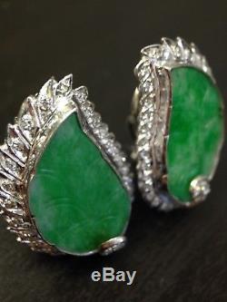 Fabulous! Art Deco Green Jade and 1CT Diamond Large Palladium Earrings