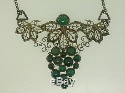 Fabulous Art Deco Sterling Silver Necklace V. Large Marcasite Green Onyx Pendant