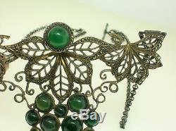 Fabulous Art Deco Sterling Silver Necklace V. Large Marcasite Green Onyx Pendant