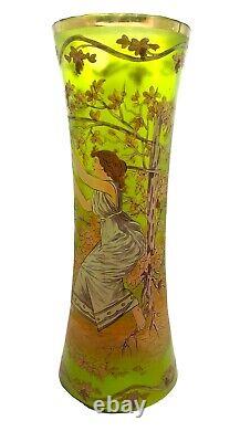 Fabulous Enameled Art Nouveau Green Glass Vase Lady in Garden 14 Antique