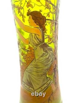 Fabulous Enameled Art Nouveau Green Glass Vase Lady in Garden 14 Antique