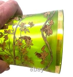 Fabulous Enameled Art Nouveau Green Glass Vase Lady in Garden 14 Antique